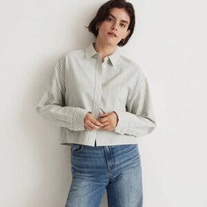 Madewell Women’s Size Medium Signature Oxford Crop Shirt Sage Striped New